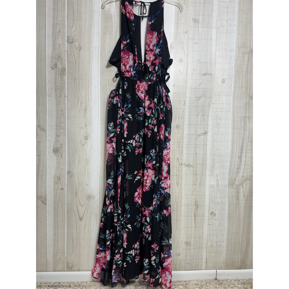 EXPRESS Floral Plunge Side Cut Out Maxi Halter Dress L Party